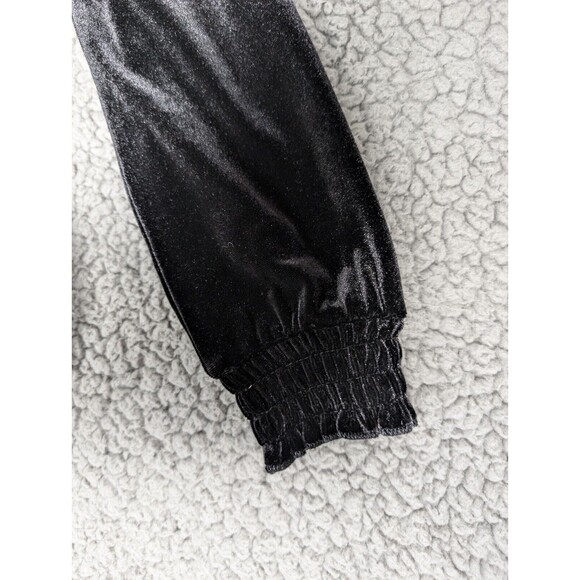 J JILL Crushed Velvet Elastic Collar And Cuffs Shirt XS Chic Black Front Tie - Picture 3 of 11